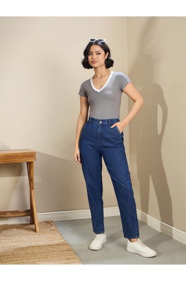 Women Grey Contrast Deep V Neck Fitted Crop T-Shirt