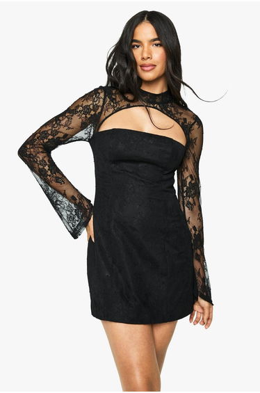 Premium High Neck Lace Structured Mini Dress