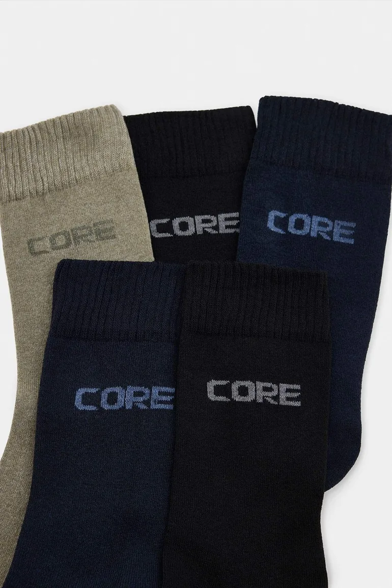 Black-Navy Blue-Khaki 5-Piece Pack Text Printed Socks - 1