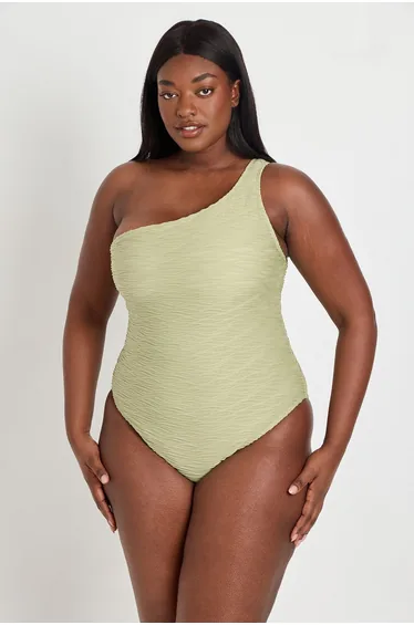 Plus Textured One Shoulder Swimsuit - olive