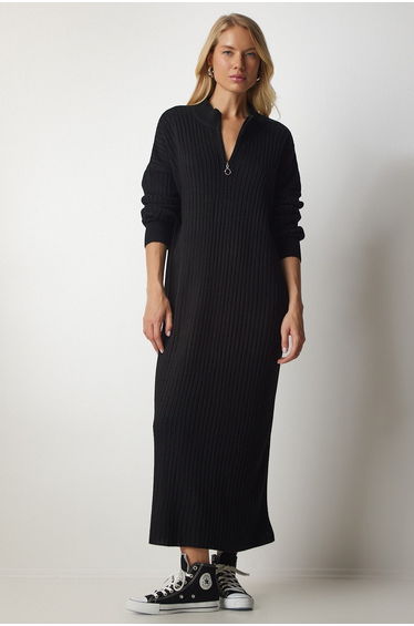 Black Column Maxi Jumper Dress with Long Sleeve