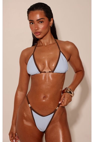 Pale Blue Contrast Binding Thong Bikini Bottoms