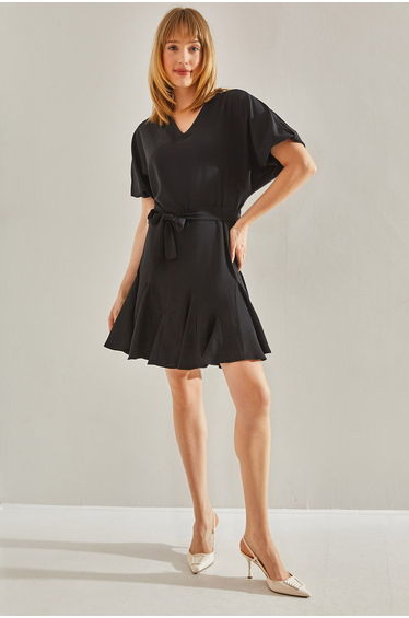 Women's Black Ruffle Detailed V-Neck Belted Dress