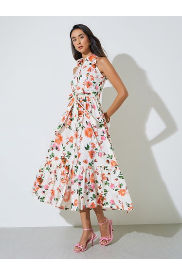 Off White Floral Sleeveless Shirt Midi Dress