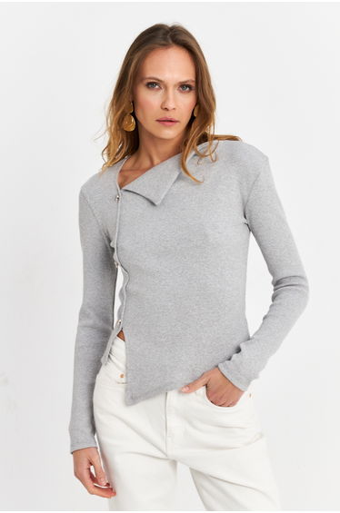 Women's Gray Button Accessory Cross Neck Blouse Tf52