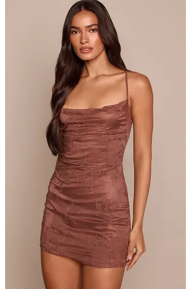 Chocolate Devore Cowl Neck Mini Dress