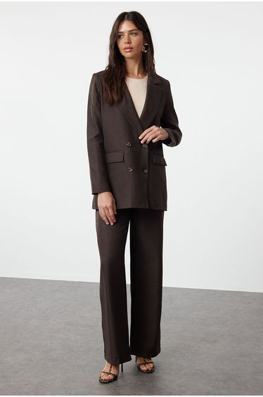 Brown Linen Look Woven Jacket Trousers Bottom-Top Set