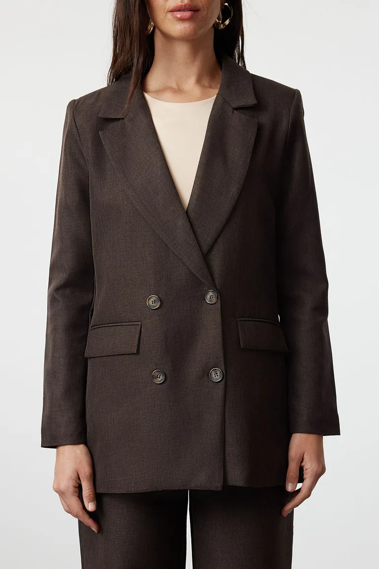 Brown Linen Look Woven Jacket Trousers Bottom-Top Set - 2