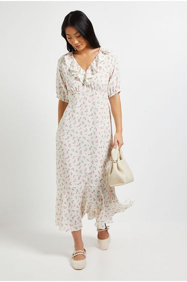 Petite Cream Ditsy Frill Neck Puff Sleeve Maxi Dress