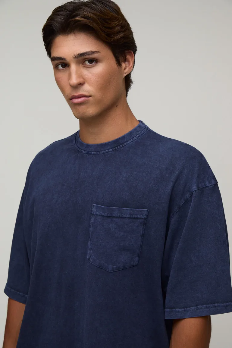 Essential Washed Oversized Boxy Front Pocket T-Shirt - navy - 2