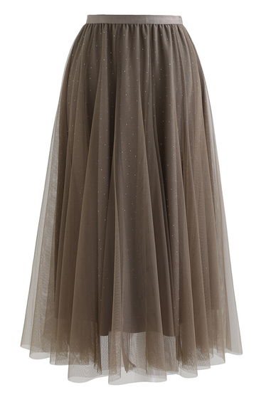 Rambling Crystal Decor Tulle Skirt in Brown