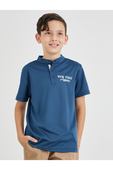 Embroidered Mandarin Collar Short Sleeve T-Shirt