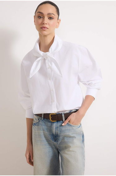 White Cotton Collar Bow Tie Wide Fit Poplin Shirt