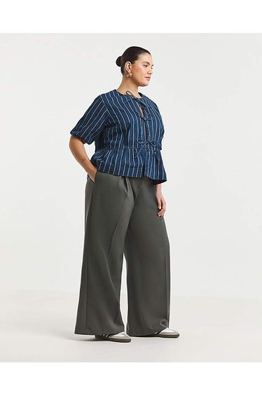 Striped Blue Tie Front Peplum Blouse