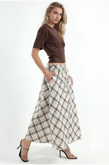 BUSEM High-Waist Plaid Maxi A-Line Skirt