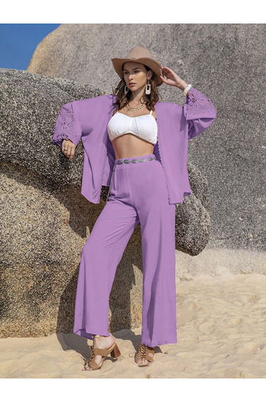 Women Lace Insert Kimono and Pants Co-Ords