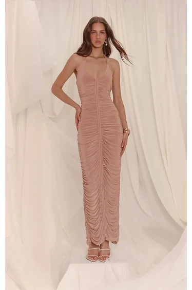 Light Taupe Slinky Ruched Seam Maxi Dress