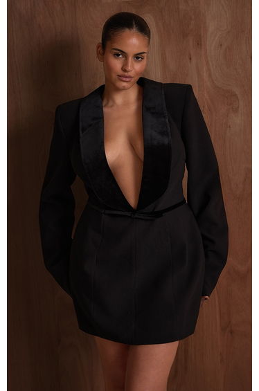 PLT Label Plus Black Velvet Lapel Bow Detail Blazer Dress