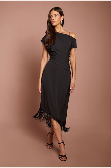 Drape Sleeve Asymmetric Fringed Hem Midi Dress