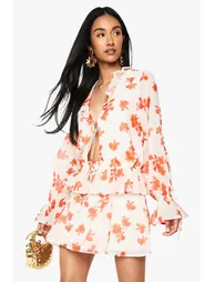 Floral Chiffon Godet Mini Skirt - white - 1