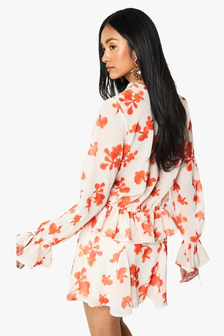 Floral Chiffon Godet Mini Skirt - white - 2