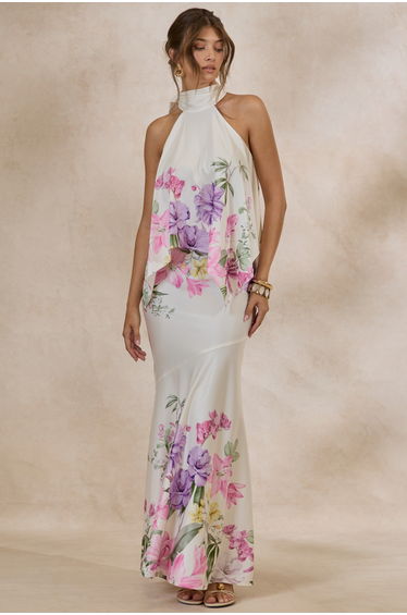Vayla | Cream Floral Print Matte Satin Asymmetric Drop-Waist Maxi Skirt