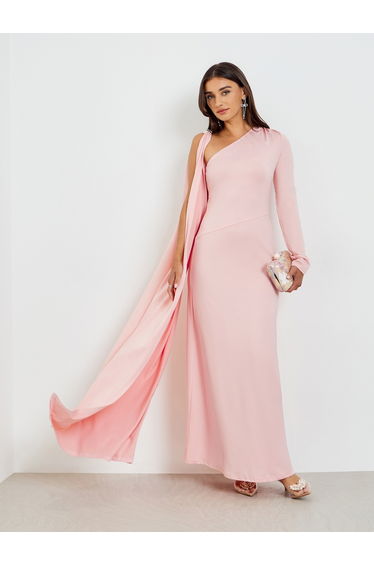 Pink One Shoulder Drape Shawl Maxi Dress