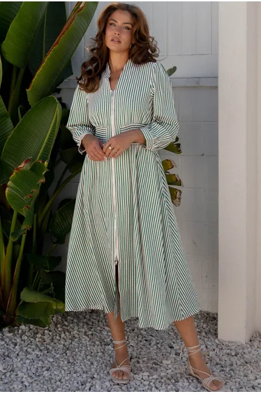 Lvness Green Stripe V Neck Zip Front Cinched High Waist Midi Dress