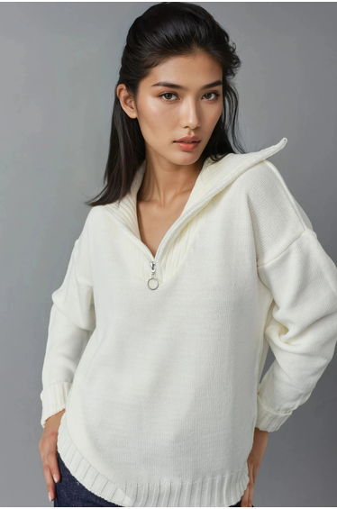 MY FASHION Oversized Ribbed Knit Sweater with Zipper Collar