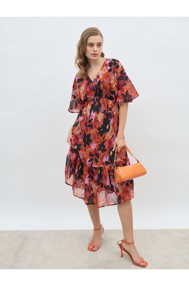 All-Over Floral Print V Neck A-Line Midi Dress