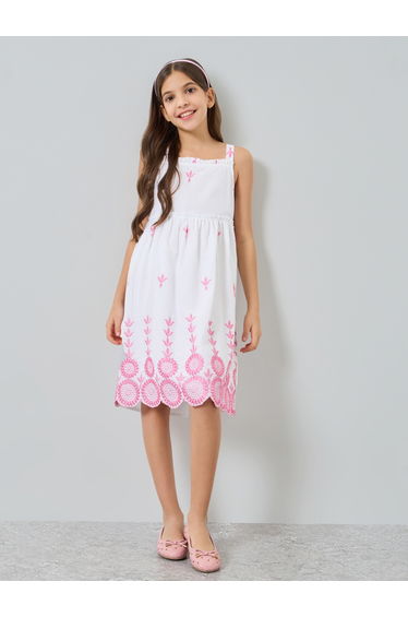 Girls Pink Embroidered Strappy Midi Dress