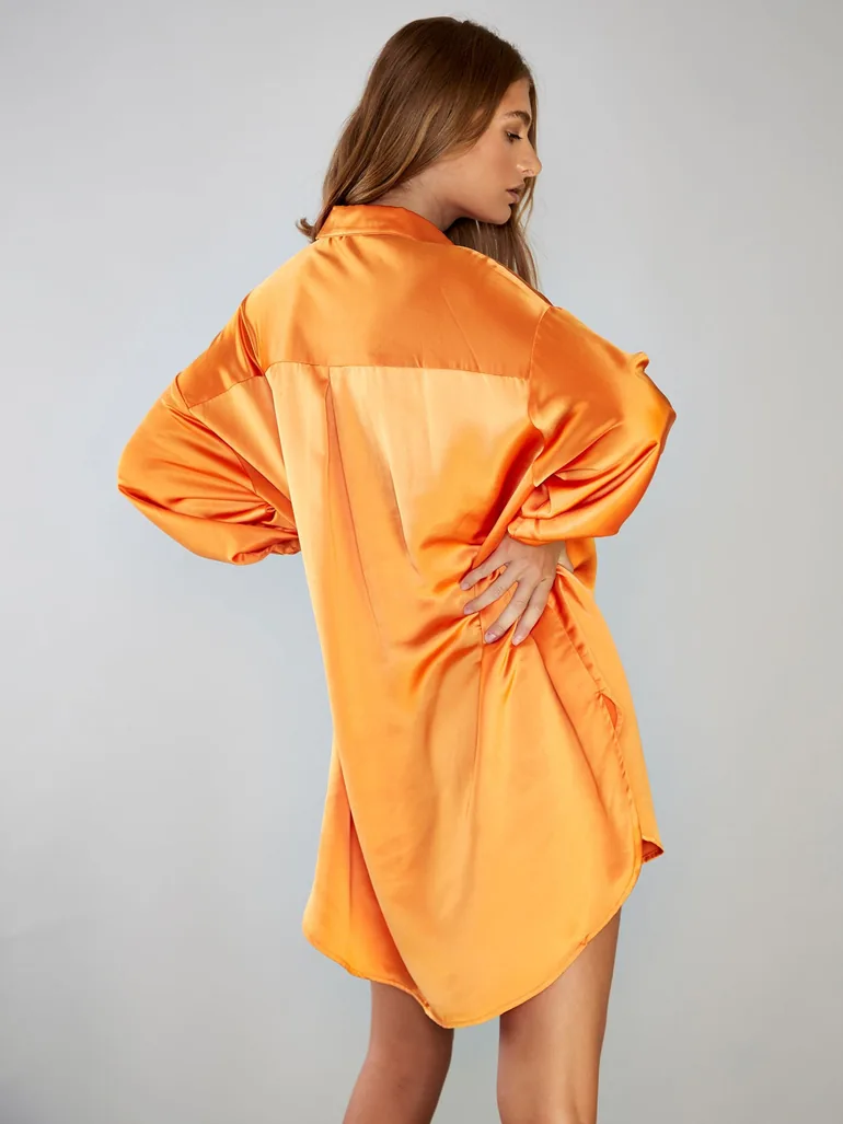orange satin shirt dress Solani Satin Shirt Midi Dress - Orange/combo