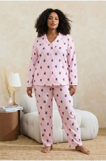 Pink stripe & heart patterned shirt collar woven pajama set