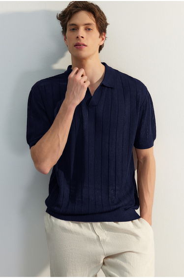 Navy Blue Relaxed Cotton Pack Short Sleeve Polo Neck Knitwear T-Shirt
