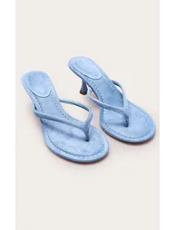 Blue Faux Suede Toe Thong Mid Heeled Mules - 2