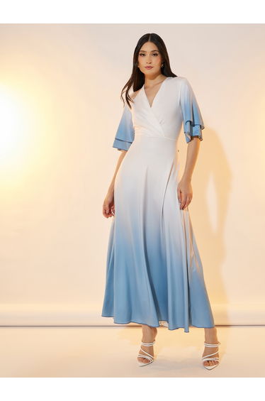 Ombre Look Frill Sleeves Wrap Front Maxi Dress
