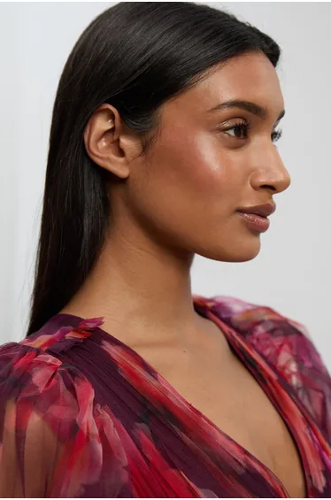 Floral Tulle Balloon Sleeve Plunge Woven Mini Dress