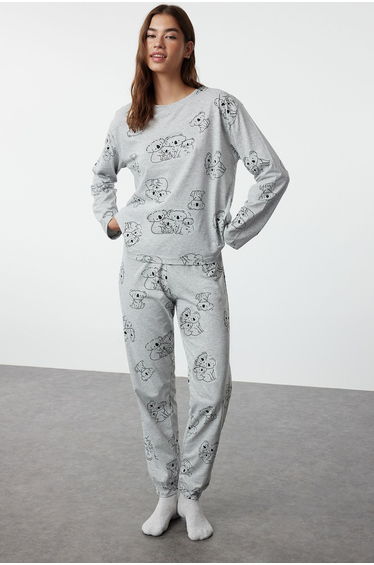 Gray Melange Animal Single Jersey Knitted Pajama Set
