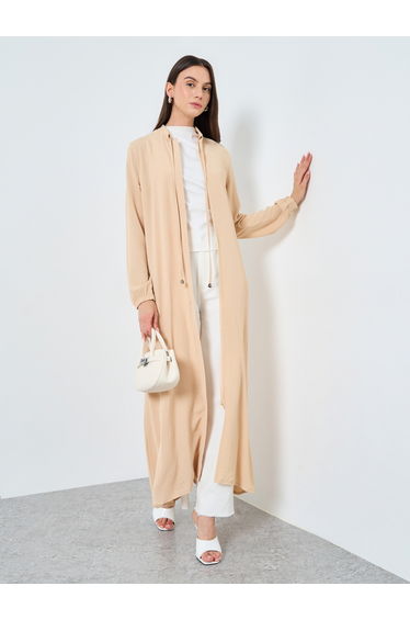 Women Beige Zip-Up Maxi Kimono