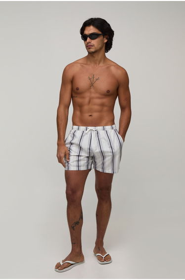 Striped Mid Length Swim Shorts - grey