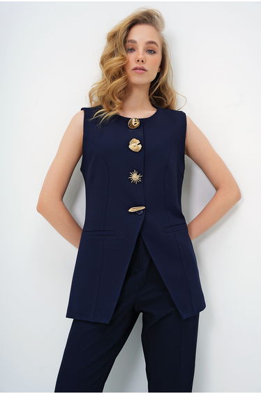 Women's Navy Blue Metal Accessory Asymmetric Cut Vest