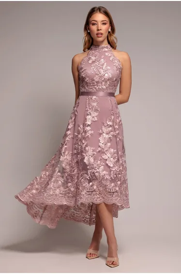 Goddiva Halter Neck High And Low With Lace Midi