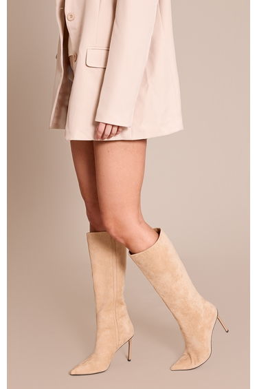 Sand Faux Suede Knee High Stiletto Heeled Boot