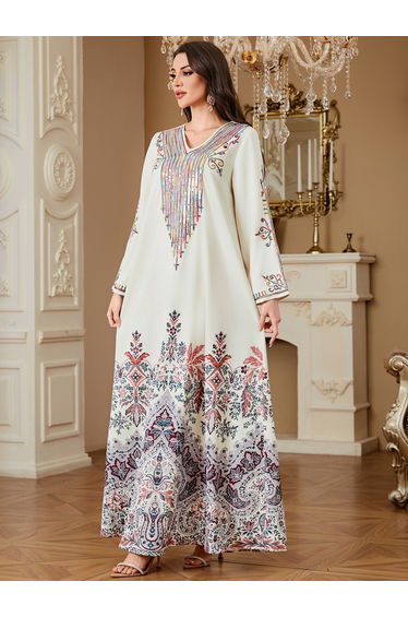 Women Floral Printed Sequins Embellished Jalabiya