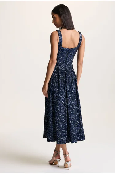 Lima | Navy Sequin Square-Neck A-Line Midi Dress
