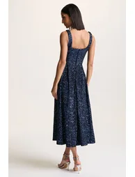 فستان ميدي بتصميم بشكل A بياقة مربعة مزين بالترتر - كحلي - 1