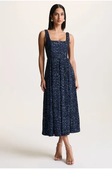 Lima | Navy Sequin Square-Neck A-Line Midi Dress