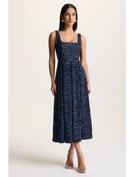 فستان ميدي بتصميم بشكل A بياقة مربعة مزين بالترتر - كحلي