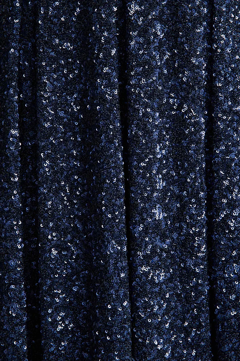 فستان ميدي بتصميم بشكل A بياقة مربعة مزين بالترتر - كحلي - 3