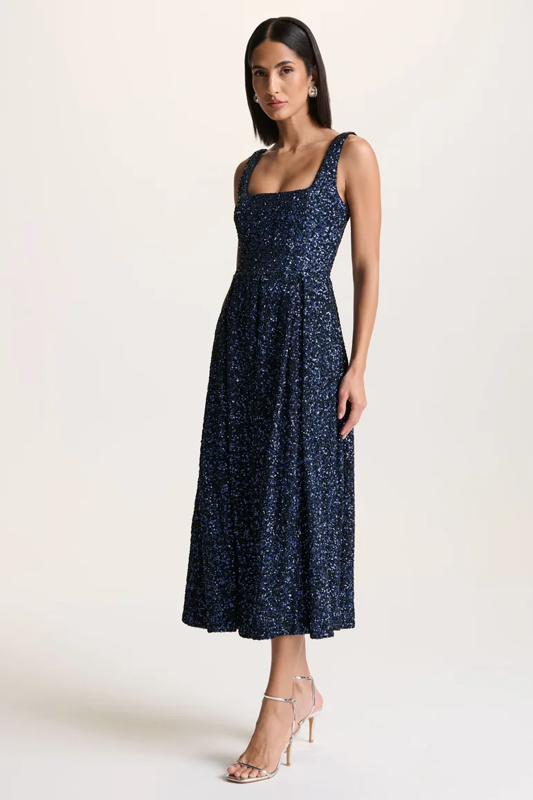 فستان ميدي بتصميم بشكل A بياقة مربعة مزين بالترتر - كحلي - 2